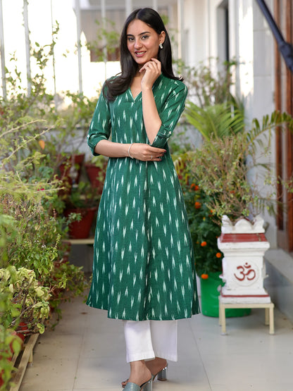 Dark Green IKKAT Handloom A-Line Kurta