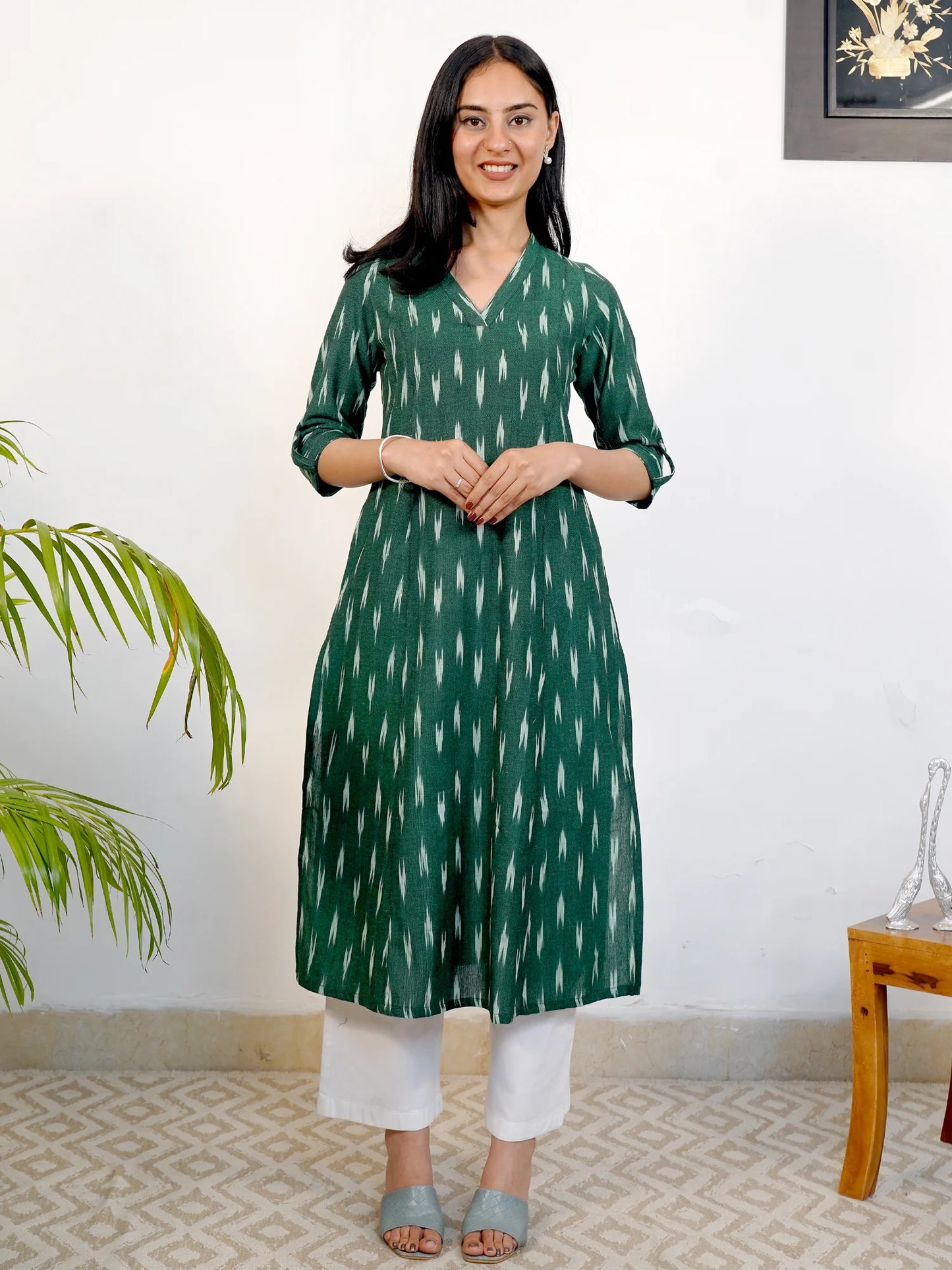 Dark Green IKKAT Handloom A-Line Kurta