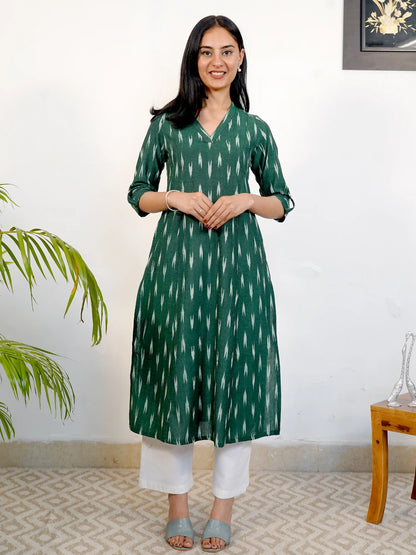 Dark Green IKKAT Handloom A-Line Kurta