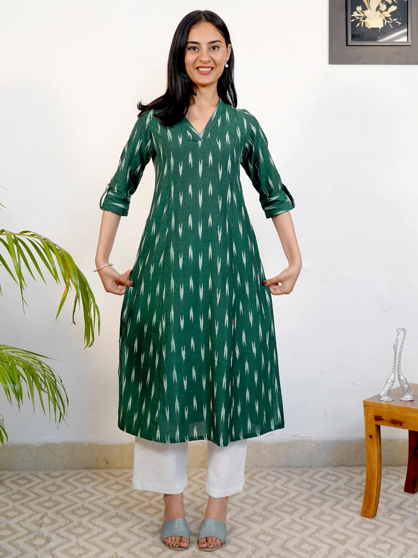 Dark Green IKKAT Handloom A-Line Kurta