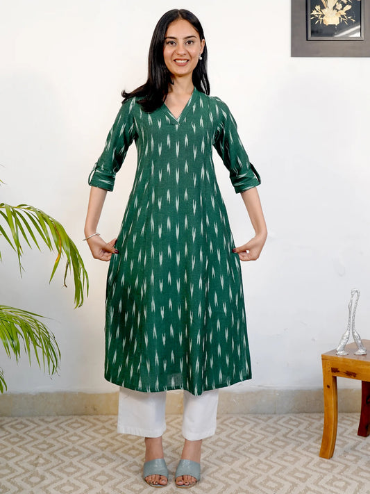 Dark Green IKKAT Handloom A-Line Kurta