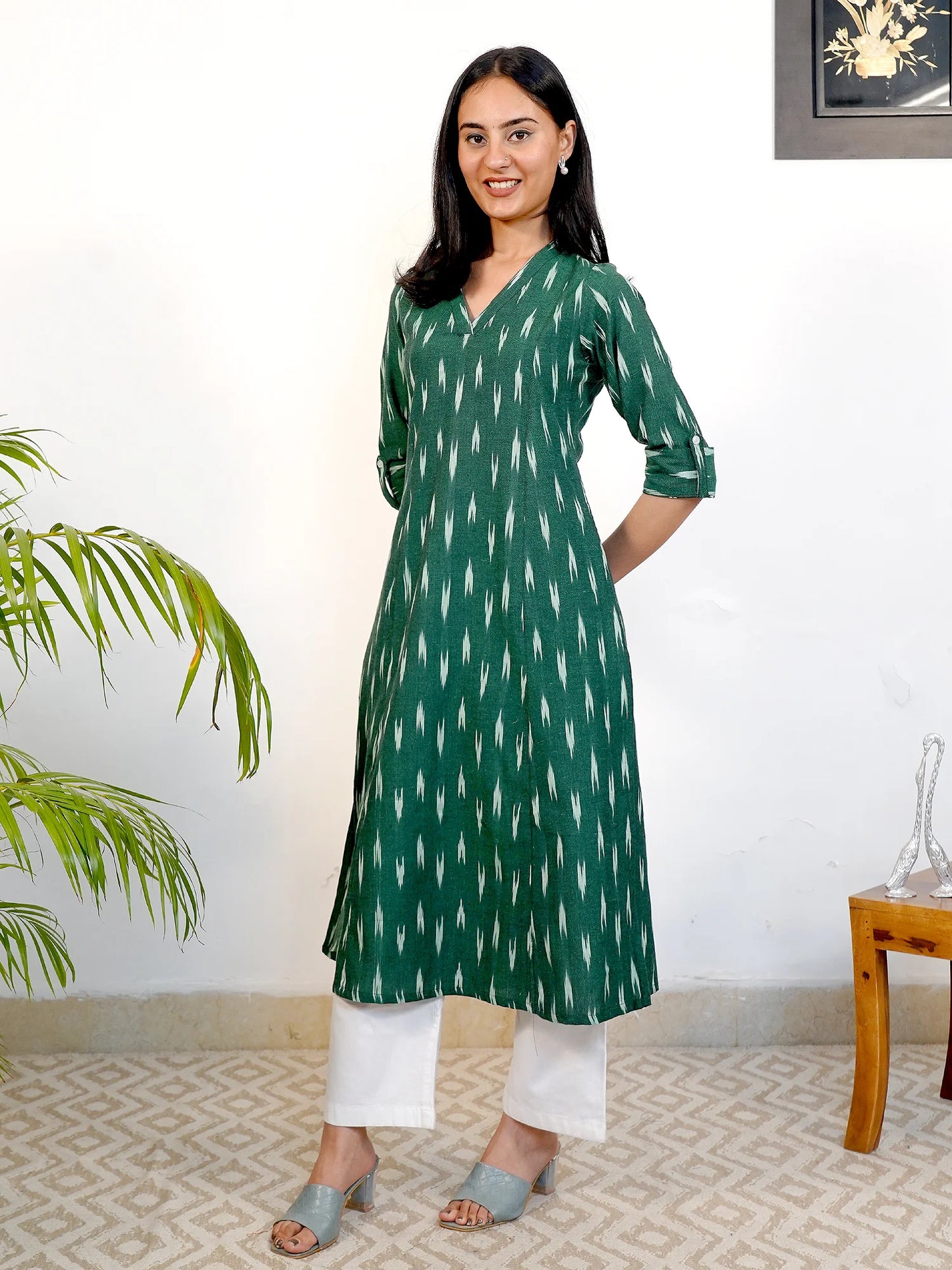 Dark Green IKKAT Handloom A-Line Kurta