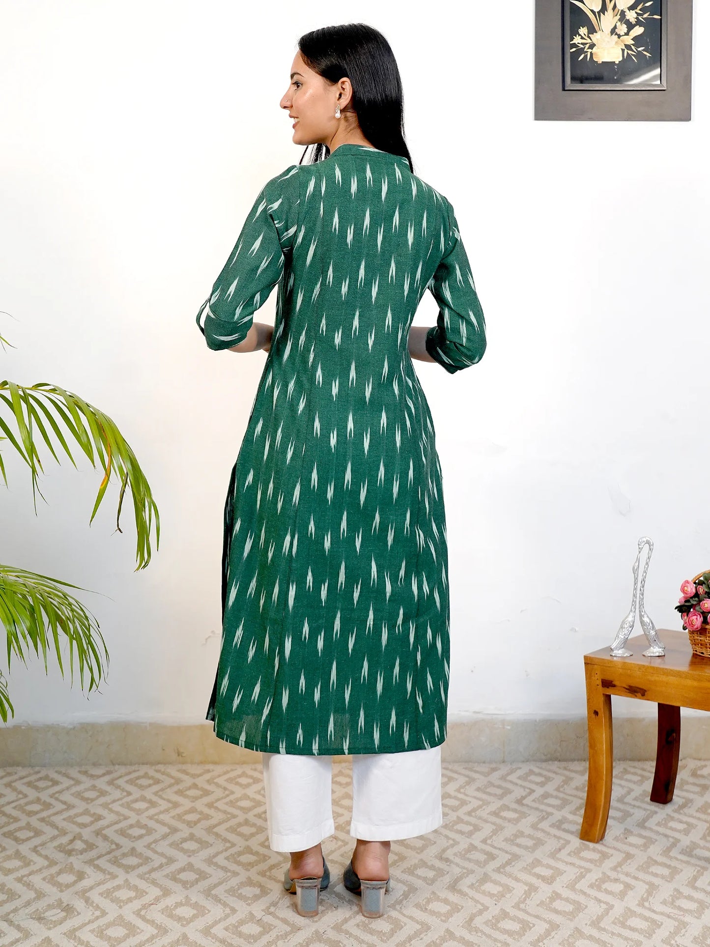 Dark Green IKKAT Handloom A-Line Kurta