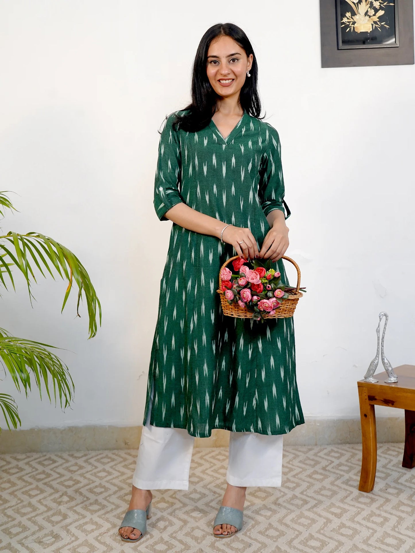 Dark Green IKKAT Handloom A-Line Kurta