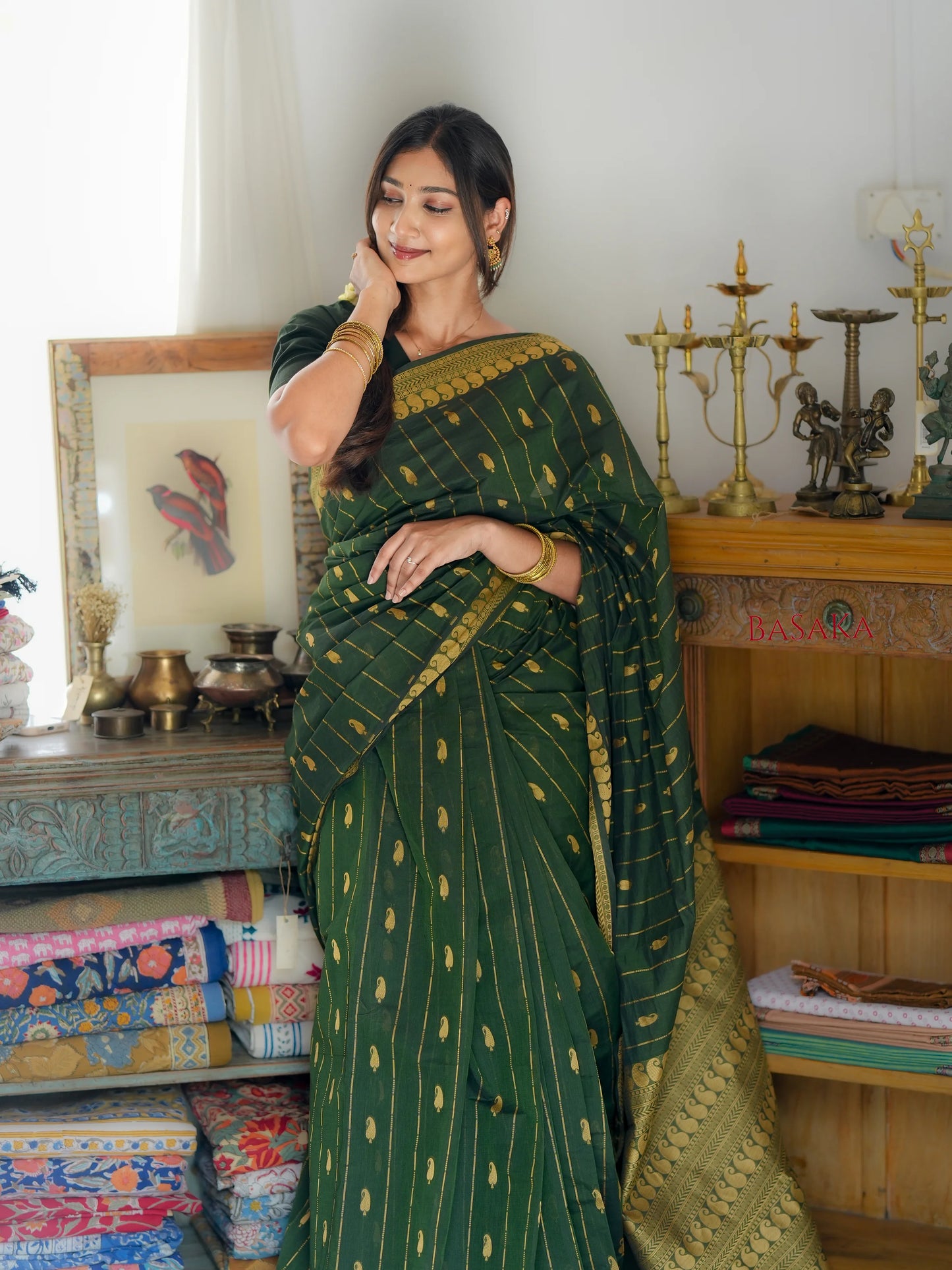 Dark Moss Green AMBI Handloom COTTON Saree