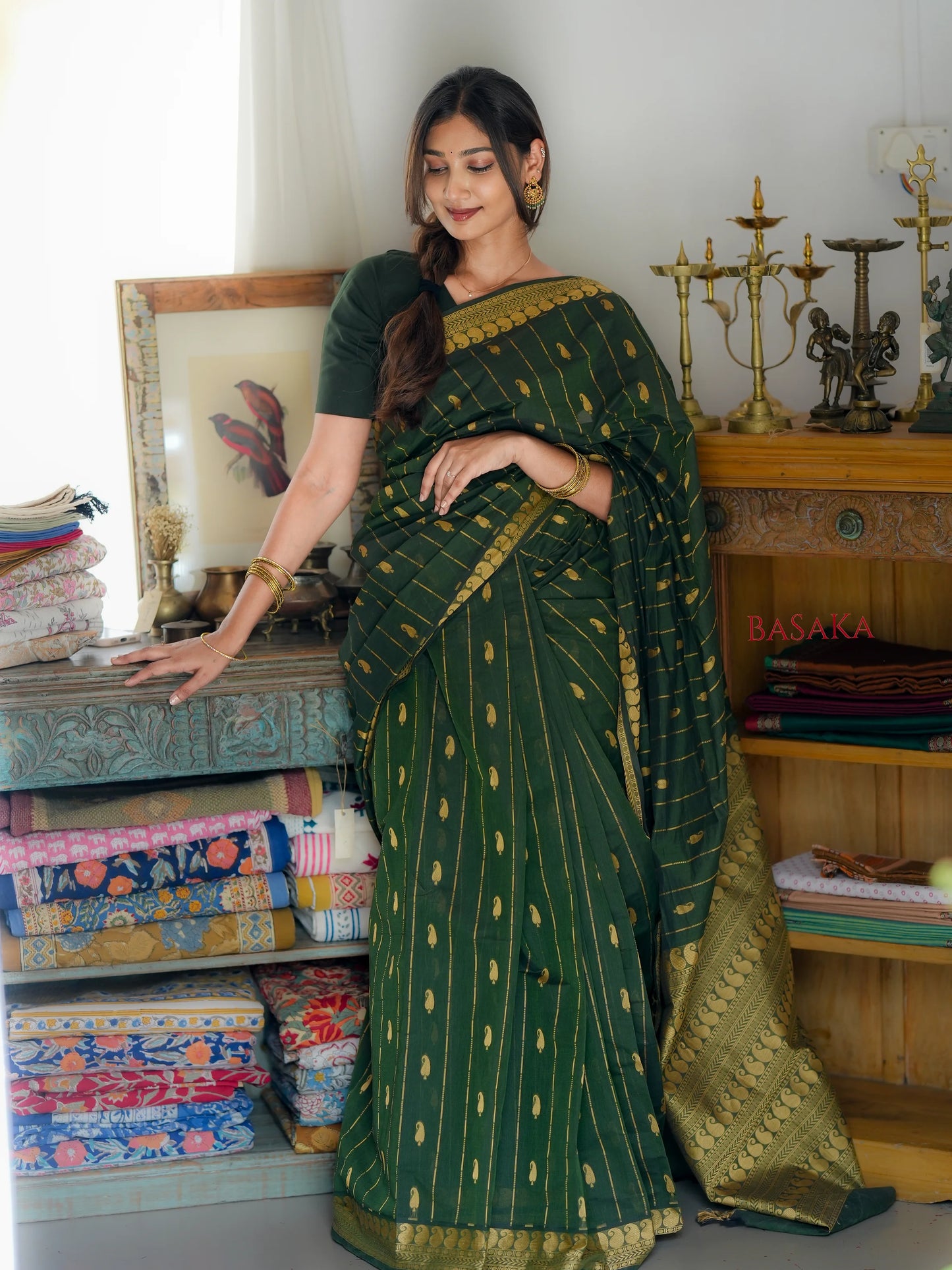 Dark Moss Green AMBI Handloom COTTON Saree