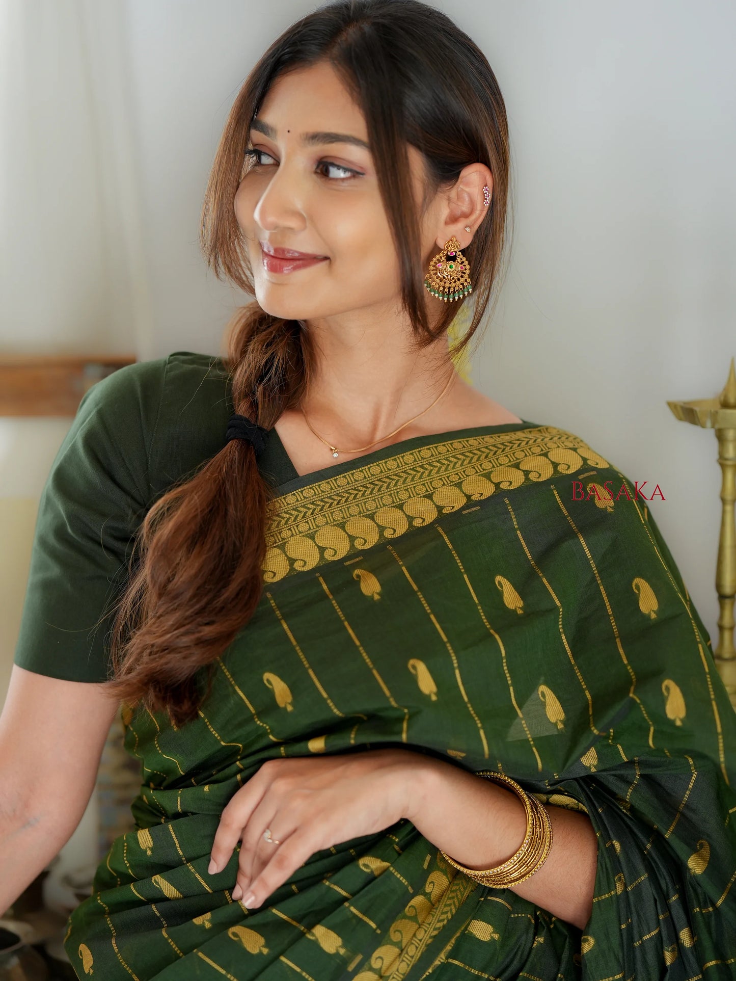 Dark Moss Green AMBI Handloom COTTON Saree