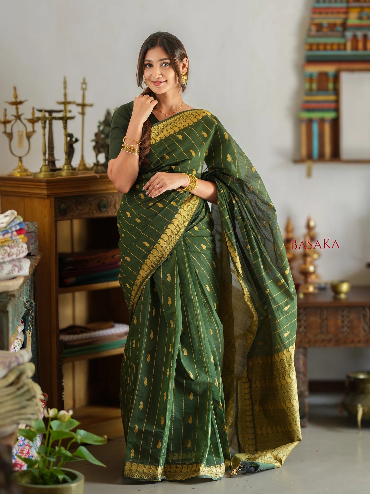 Dark Moss Green AMBI Handloom COTTON Saree