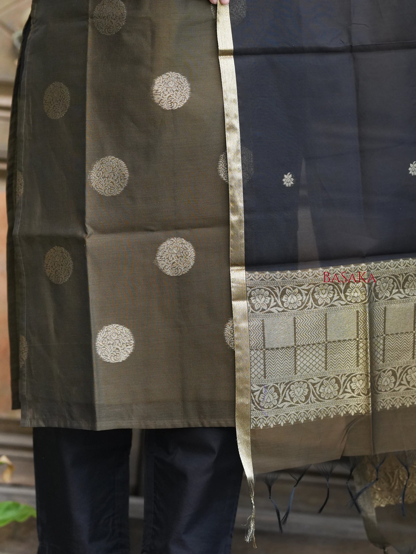 Deep Green n Black Kora Silk Suit Set (3 Pcs) with lining