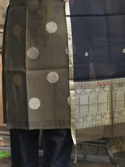 Deep Green n Black Kora Silk Suit Set (3 Pcs) with lining