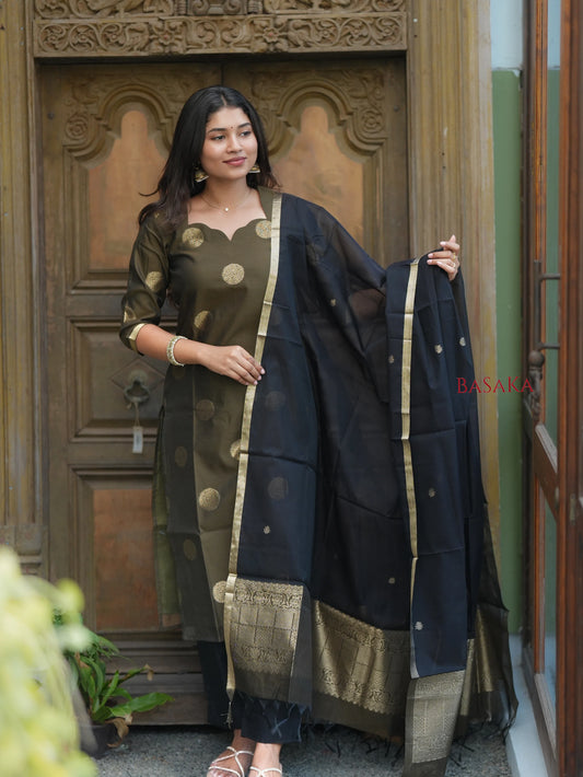 Deep Green n Black Kora Silk Suit Set (3 Pcs) with lining
