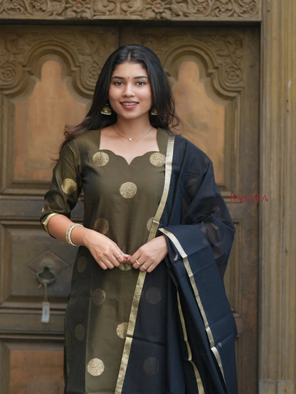 Deep Green n Black Kora Silk Suit Set (3 Pcs) with lining