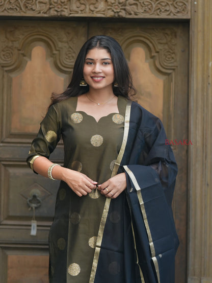 Deep Green n Black Kora Silk Suit Set (3 Pcs) with lining