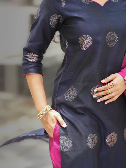 Deep Navy Blue n Pancy Purple Kora Silk Suit Set (3 pcs.) with lining