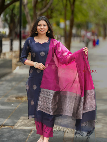 Deep Navy Blue n Pancy Purple Kora Silk Suit Set (3 pcs.) with lining