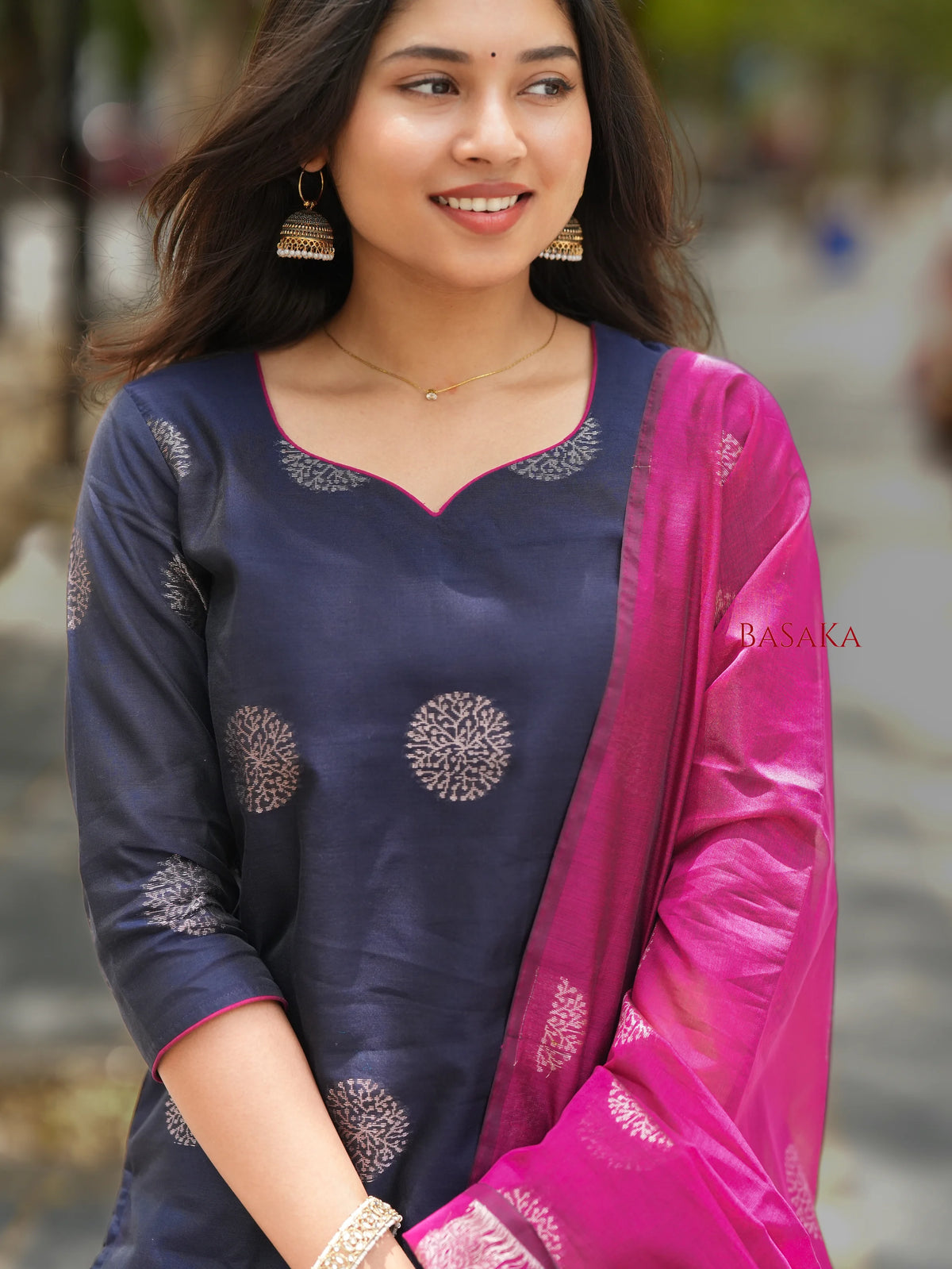 Deep Navy Blue n Pancy Purple Kora Silk Suit Set (3 pcs.) with lining