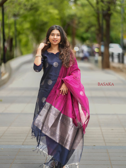 Deep Navy Blue n Pancy Purple Kora Silk Suit Set (3 pcs.) with lining