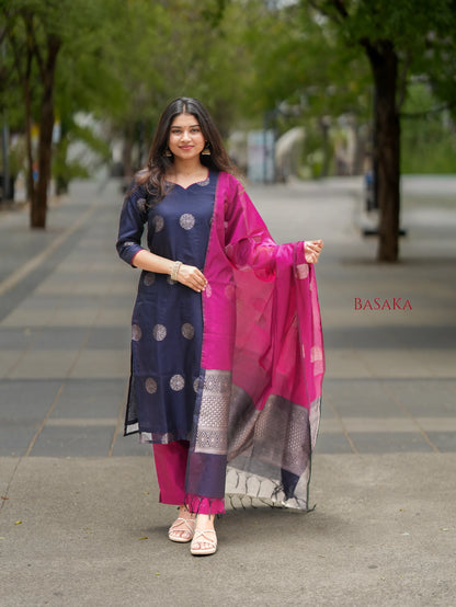 Deep Navy Blue n Pancy Purple Kora Silk Suit Set (3 pcs.) with lining