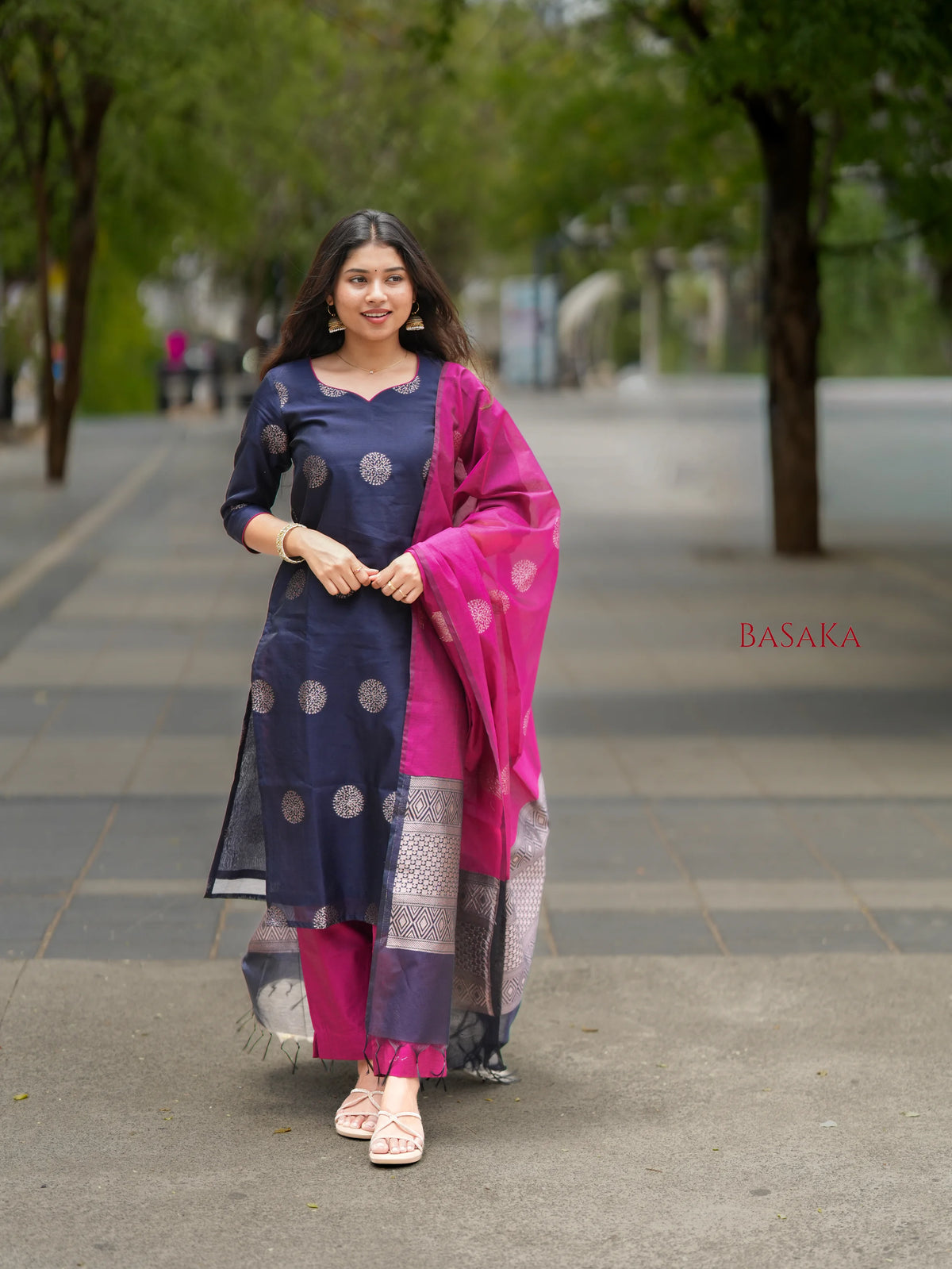 Deep Navy Blue n Pancy Purple Kora Silk Suit Set (3 pcs.) with lining