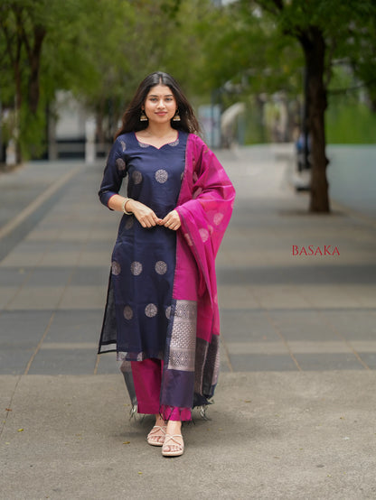 Deep Navy Blue n Pancy Purple Kora Silk Suit Set (3 pcs.) with lining
