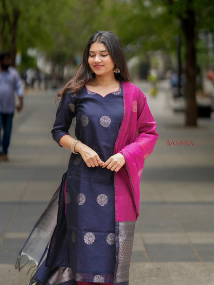 Deep Navy Blue n Pancy Purple Kora Silk Suit Set (3 pcs.) with lining