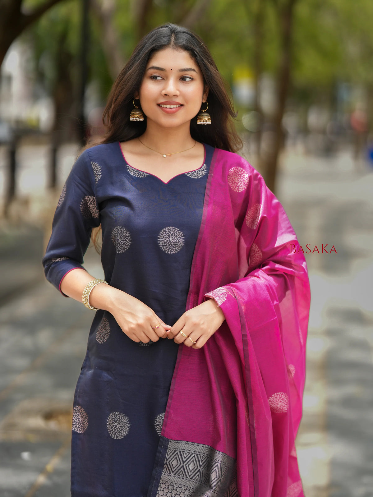 Deep Navy Blue n Pancy Purple Kora Silk Suit Set (3 pcs.) with lining
