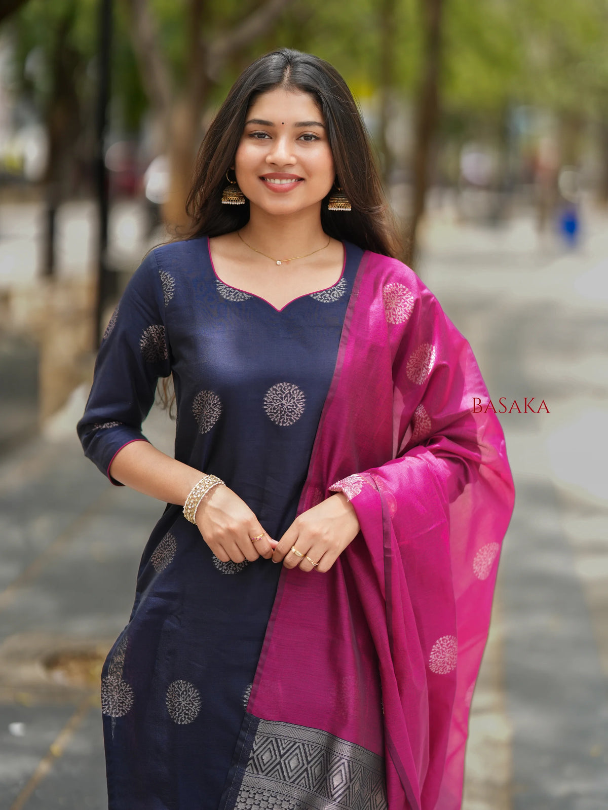Deep Navy Blue n Pancy Purple Kora Silk Suit Set (3 pcs.) with lining