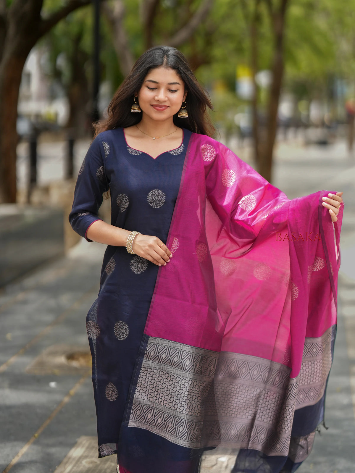 Deep Navy Blue n Pancy Purple Kora Silk Suit Set (3 pcs.) with lining