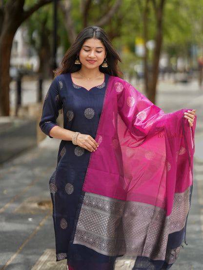 Deep Navy Blue n Pancy Purple Kora Silk Suit Set (3 pcs.) with lining