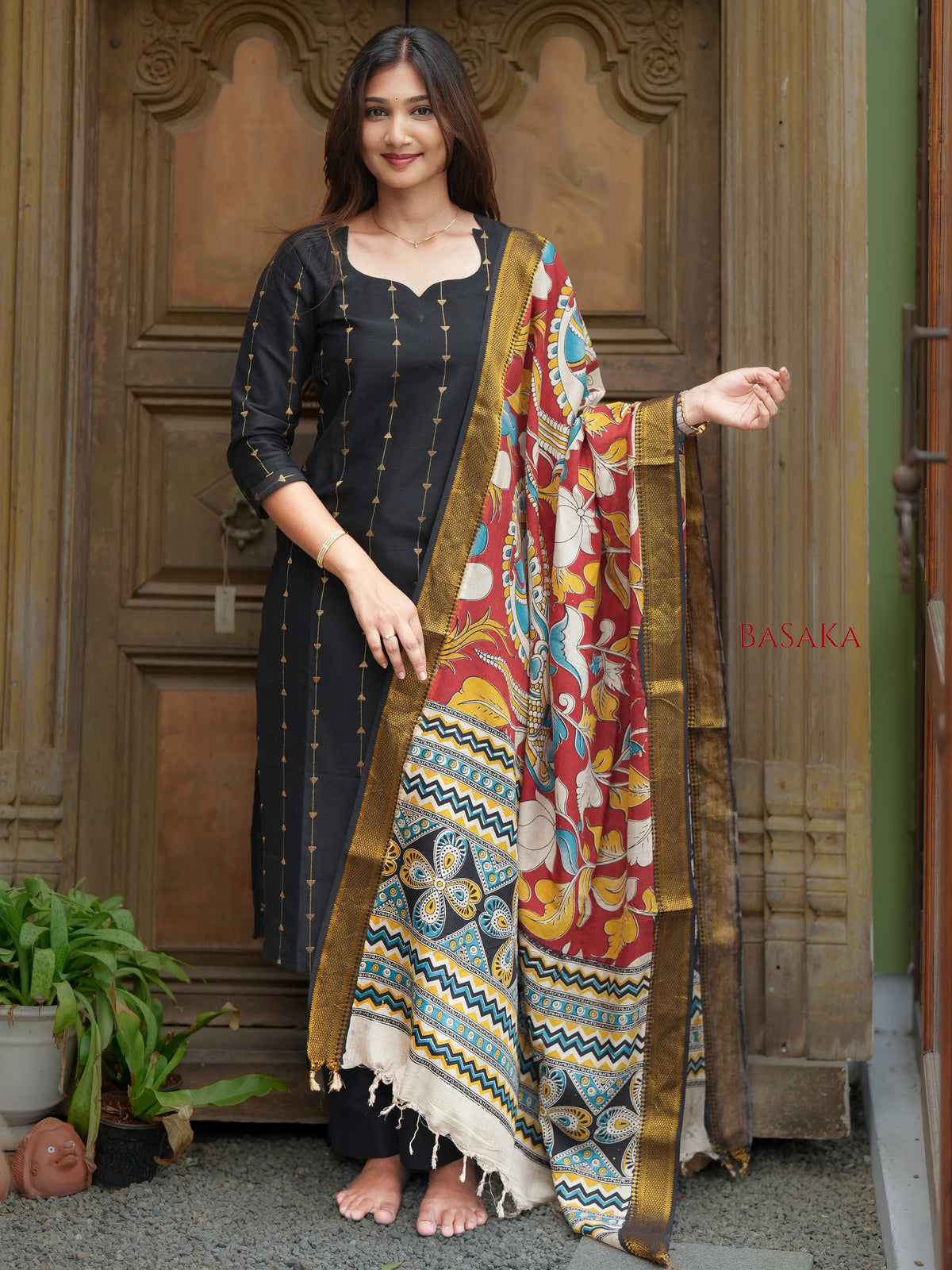 Deep Black Soft Raw Silk Suit Set (3 Pcs.) with lining
