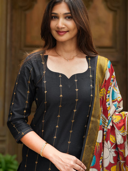 Deep Black Soft Raw Silk Suit Set (3 Pcs.) with lining