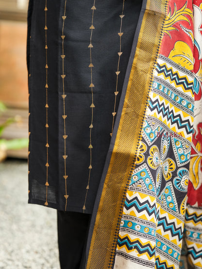 Deep Black Soft Raw Silk Suit Set (3 Pcs.) with lining