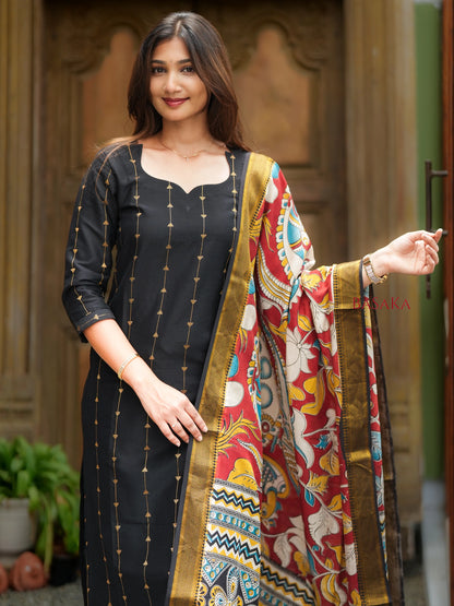 Deep Black Soft Raw Silk Suit Set (3 Pcs.) with lining