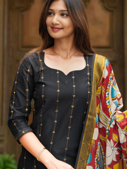 Deep Black Soft Raw Silk Suit Set (3 Pcs.) with lining