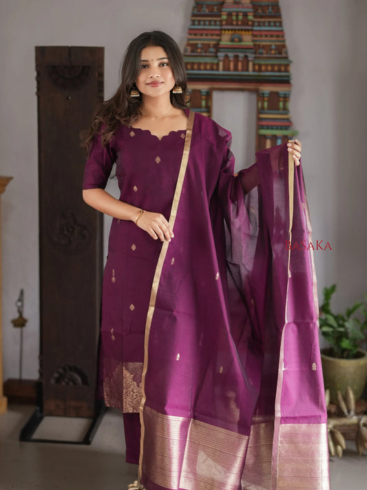 Deep Purple Kora Silk Suit Set (3 Pcs) with lining