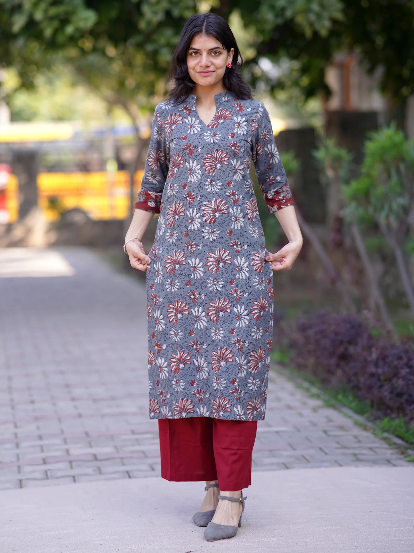 Dewy Grey Floral Block Printed Cotton Kurta