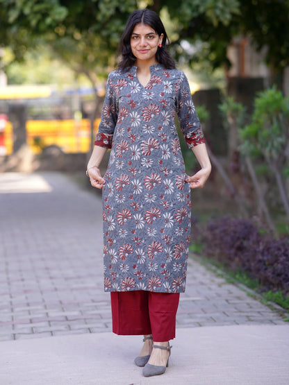 Dewy Grey Floral Block Printed Cotton Kurta