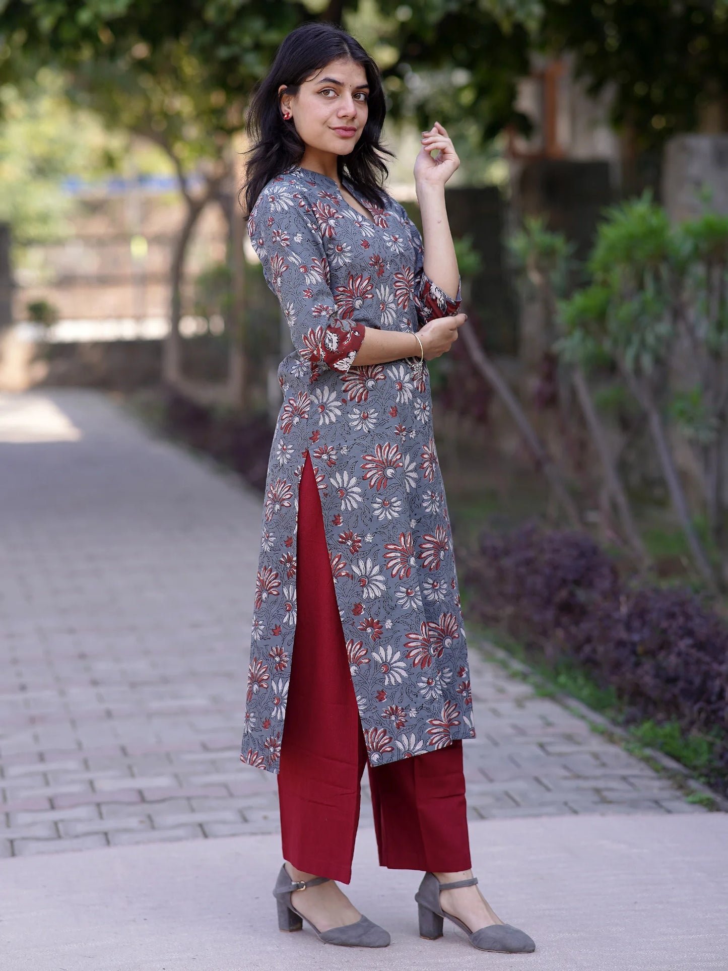 Dewy Grey Floral Block Printed Cotton Kurta