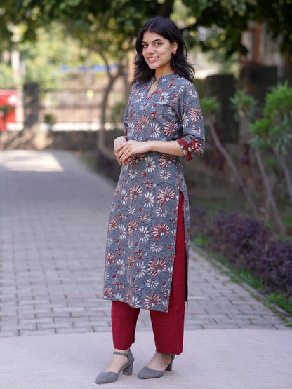 Dewy Grey Floral Block Printed Cotton Kurta