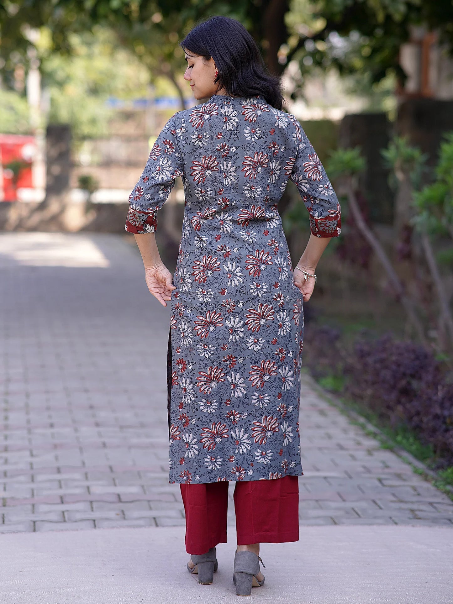 Dewy Grey Floral Block Printed Cotton Kurta