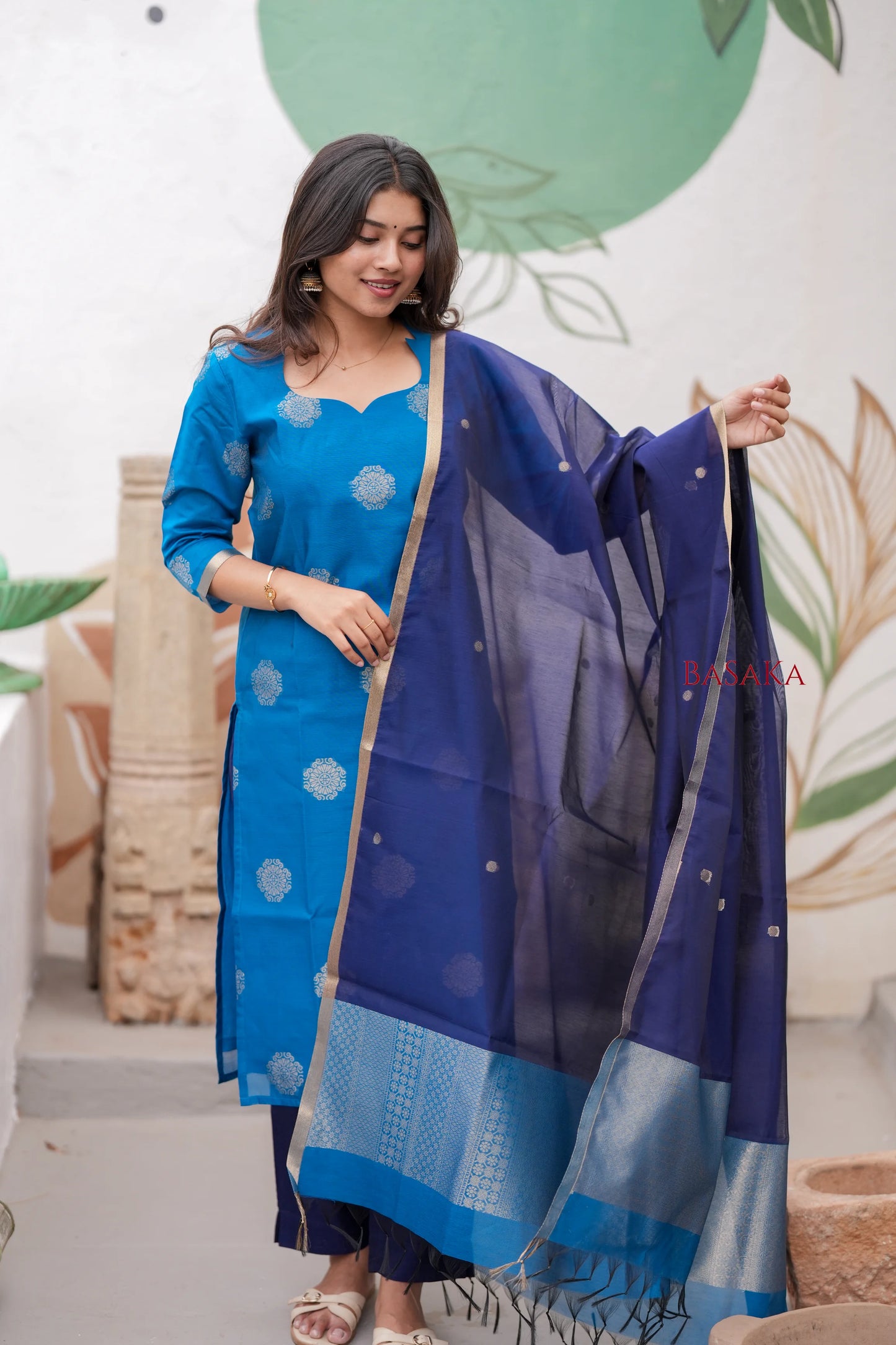 Dodger Blue Kora Silk Suit Set (3 pcs.) with lining.