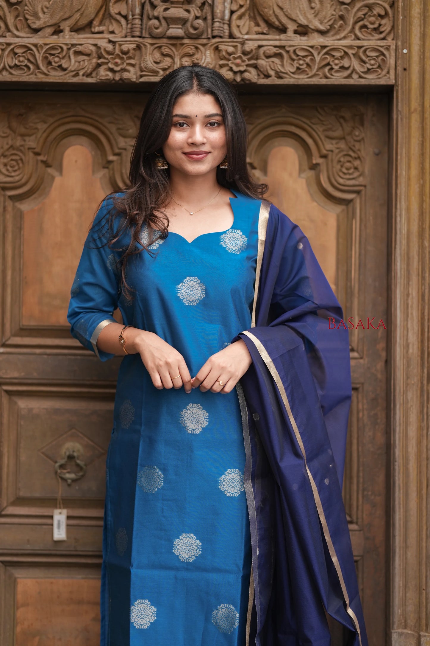 Dodger Blue Kora Silk Suit Set (3 pcs.) with lining.