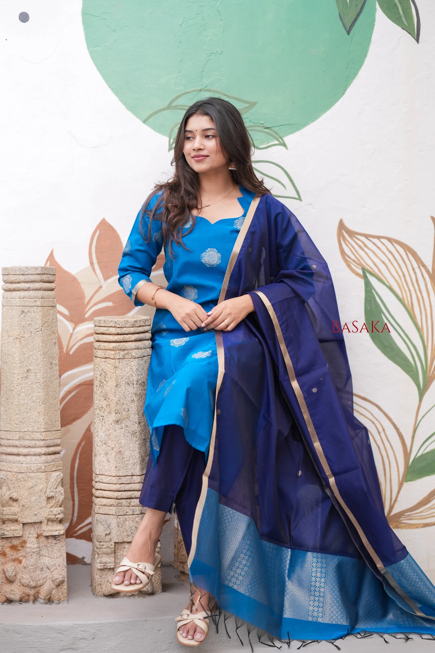 Dodger Blue Kora Silk Suit Set (3 pcs.) with lining.