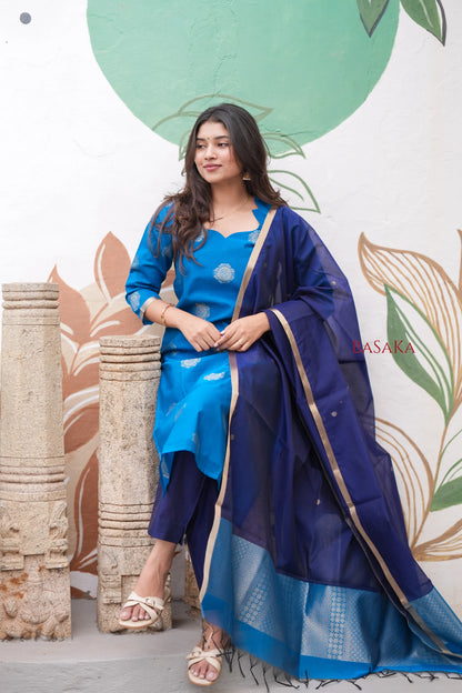 Dodger Blue Kora Silk Suit Set (3 pcs.) with lining.