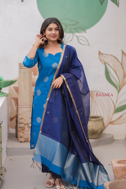 Dodger Blue Kora Silk Suit Set (3 pcs.) with lining.