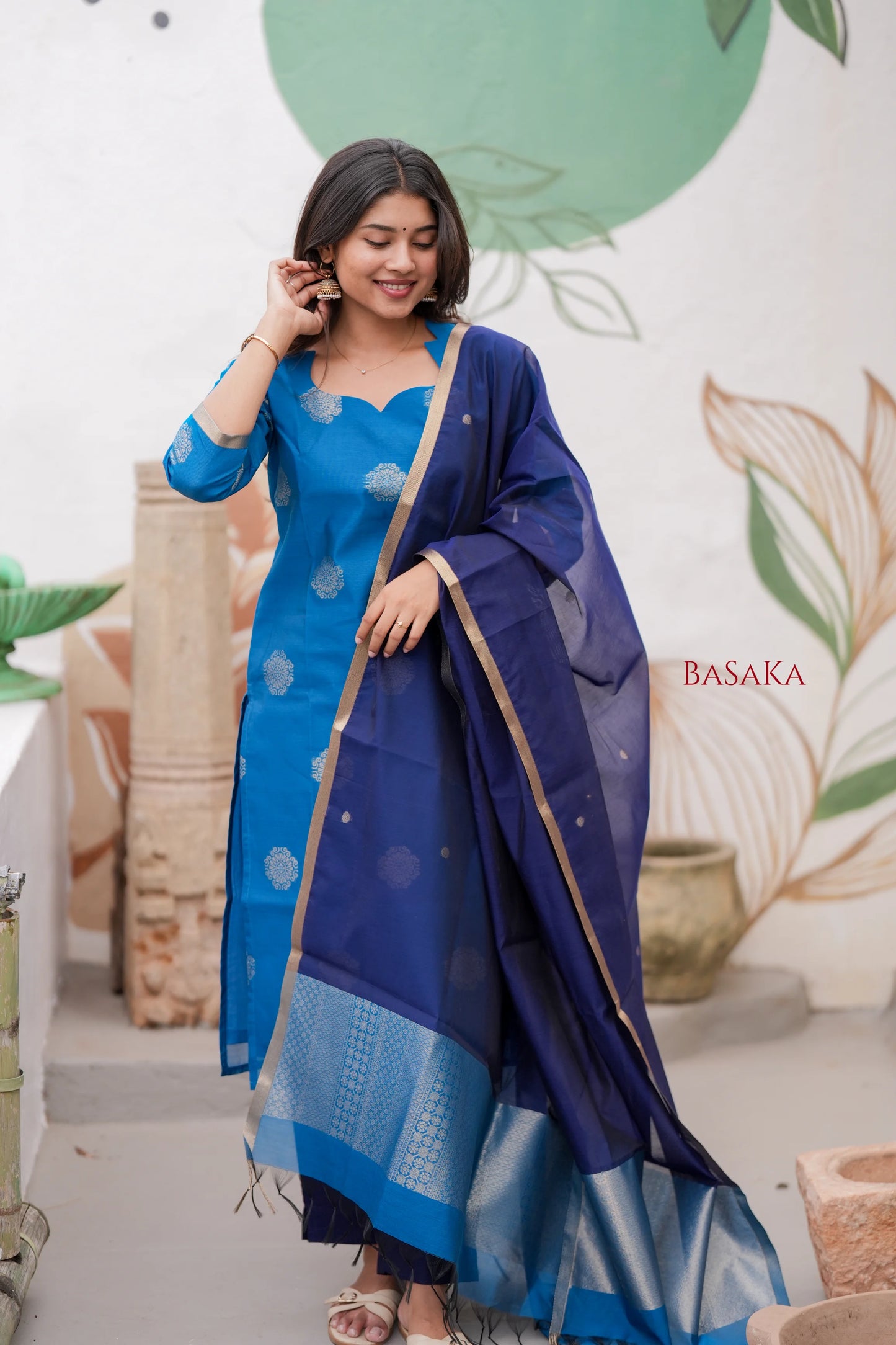 Dodger Blue Kora Silk Suit Set (3 pcs.) with lining.