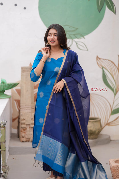 Dodger Blue Kora Silk Suit Set (3 pcs.) with lining.