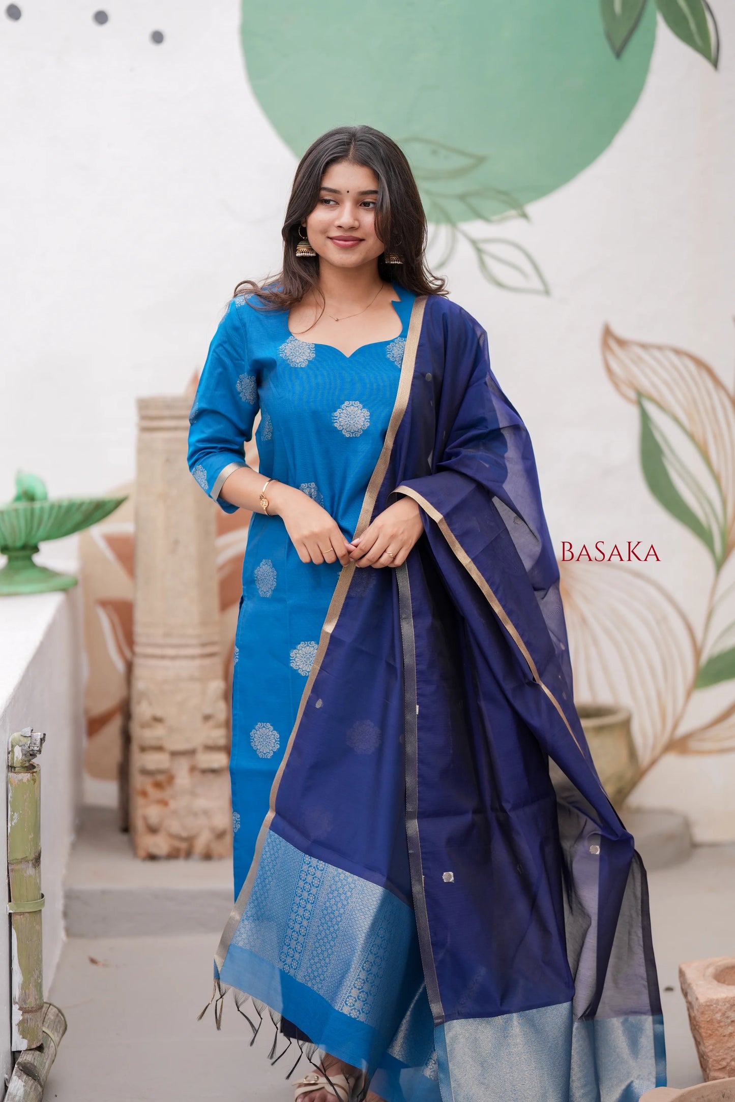 Dodger Blue Kora Silk Suit Set (3 pcs.) with lining.