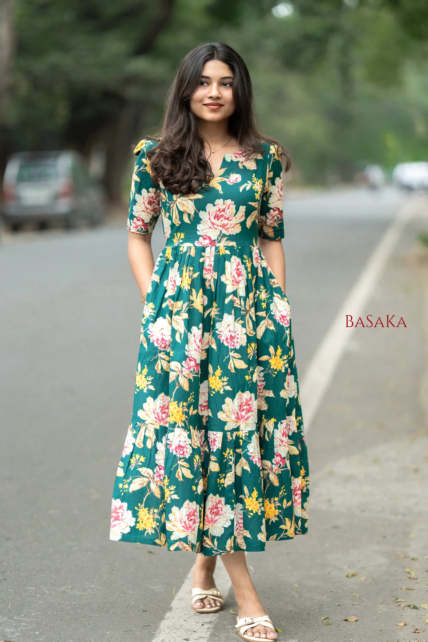 Emerald Carnation Bloom COTTON Tiered Dress_2