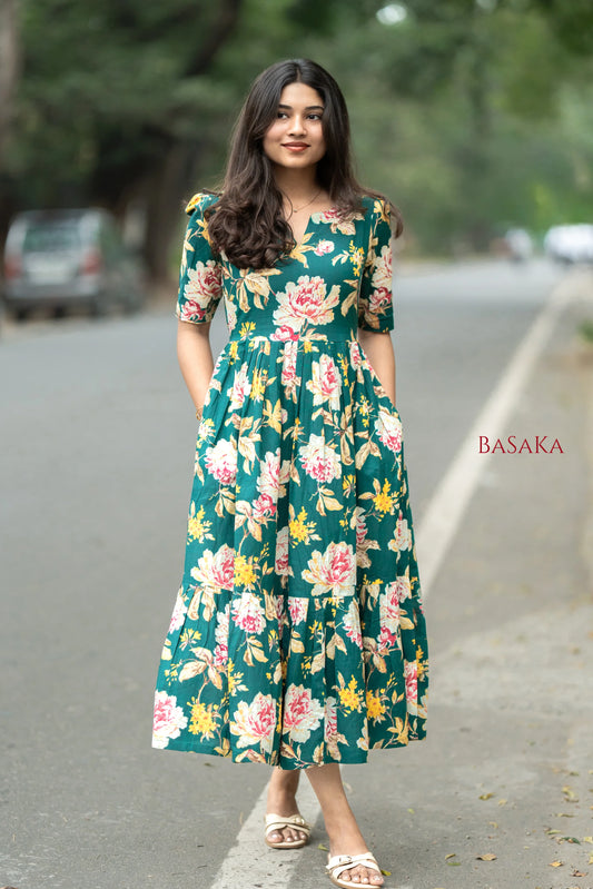 Emerald Carnation Bloom COTTON Tiered Dress_2